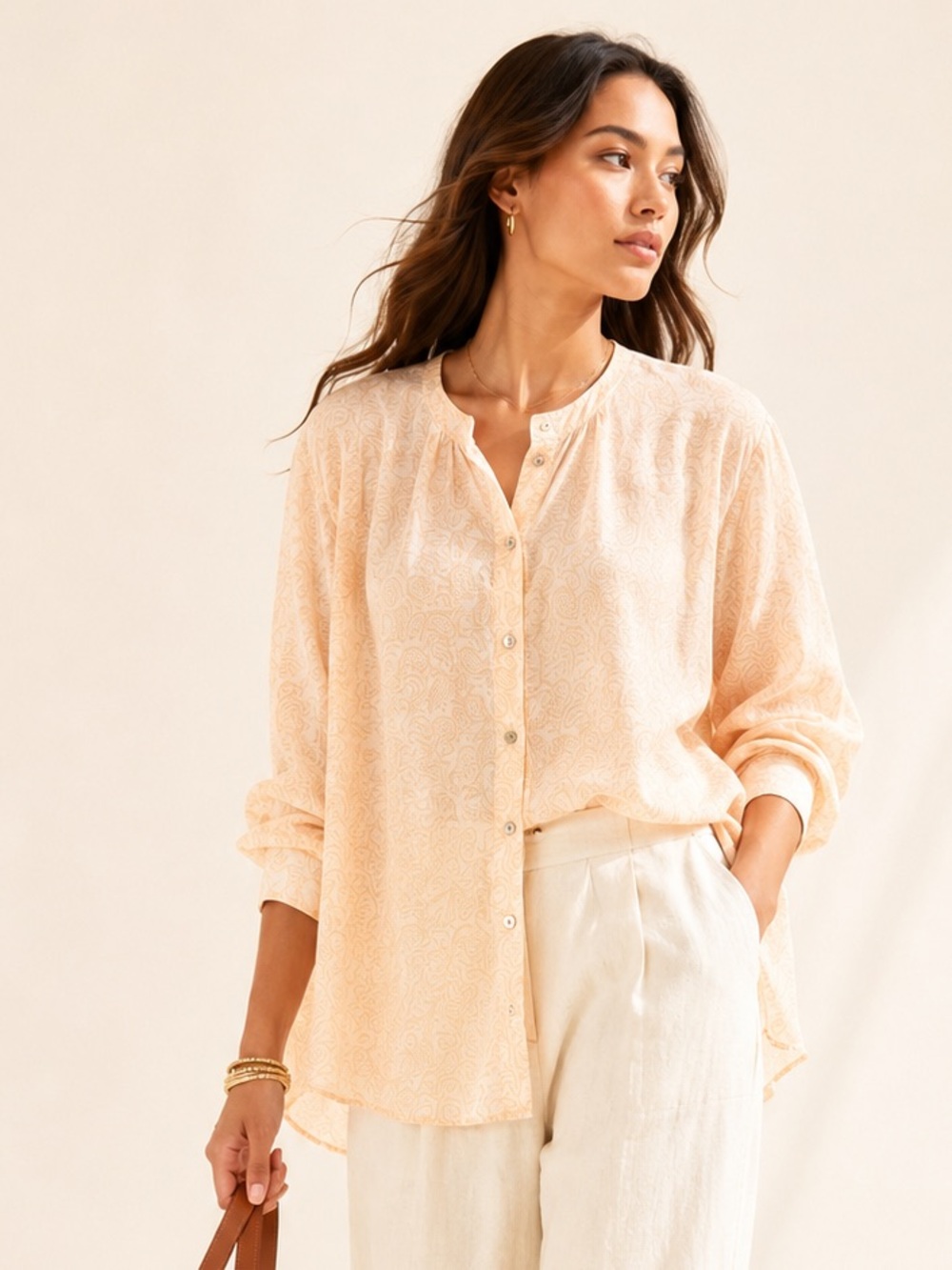 Mos Mosh Oversized Paisley Blouse Peach Ivory Romantic Sz M